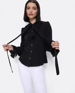 Online Cuplé Blusa Lazo Cuello Punto Negro