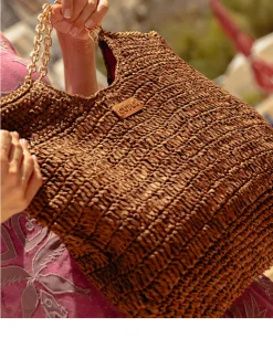 Discount Cuplé Bolso Capazo Rafia Marron