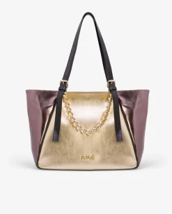 Outlet Cuplé Bolso Grande Tricolor Napa Metalizado Oro