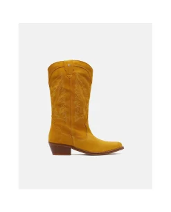 Best Cuplé Bota Cowboy Tacón Bajo Serraje Mostaza