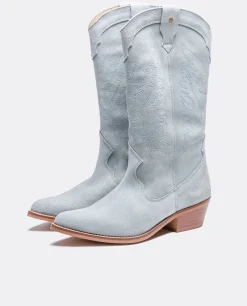 Sale Cuplé Bota Cowboy Tacón Bajo Serraje Celeste