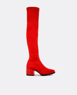Hot Cuplé Bota Mosquetera Suede Strech Rojo Tacón Coco Rojo