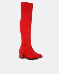 Hot Cuplé Bota Mosquetera Suede Strech Rojo Tacón Coco Rojo