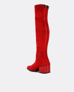 Hot Cuplé Bota Mosquetera Suede Strech Rojo Tacón Coco Rojo
