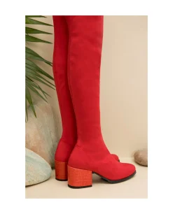 Hot Cuplé Bota Mosquetera Suede Strech Rojo Tacón Coco Rojo