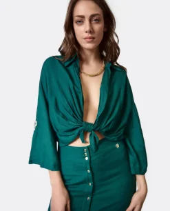 Cuplé Camisa Con Nudo Lino Verde
