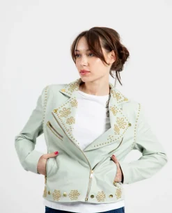 New Cuplé Chaqueta Biker Tachas Piel Verde