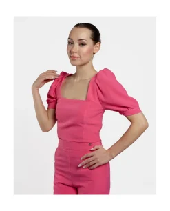 Sale Cuplé Crop Top Mangas Abullonadas Crep Fucsia
