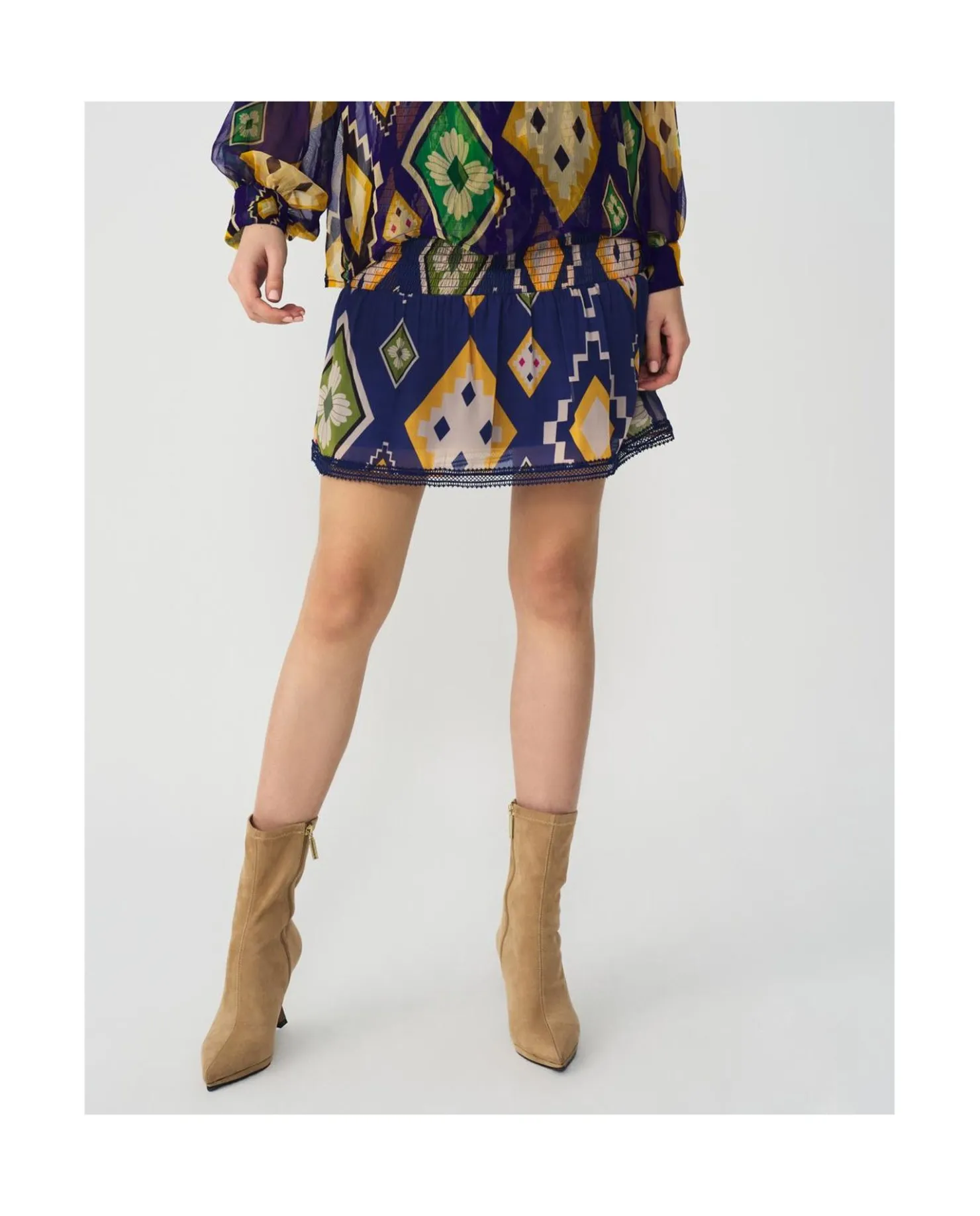 Cuplé Falda Cintura Fruncida Textil Geometrico Azul