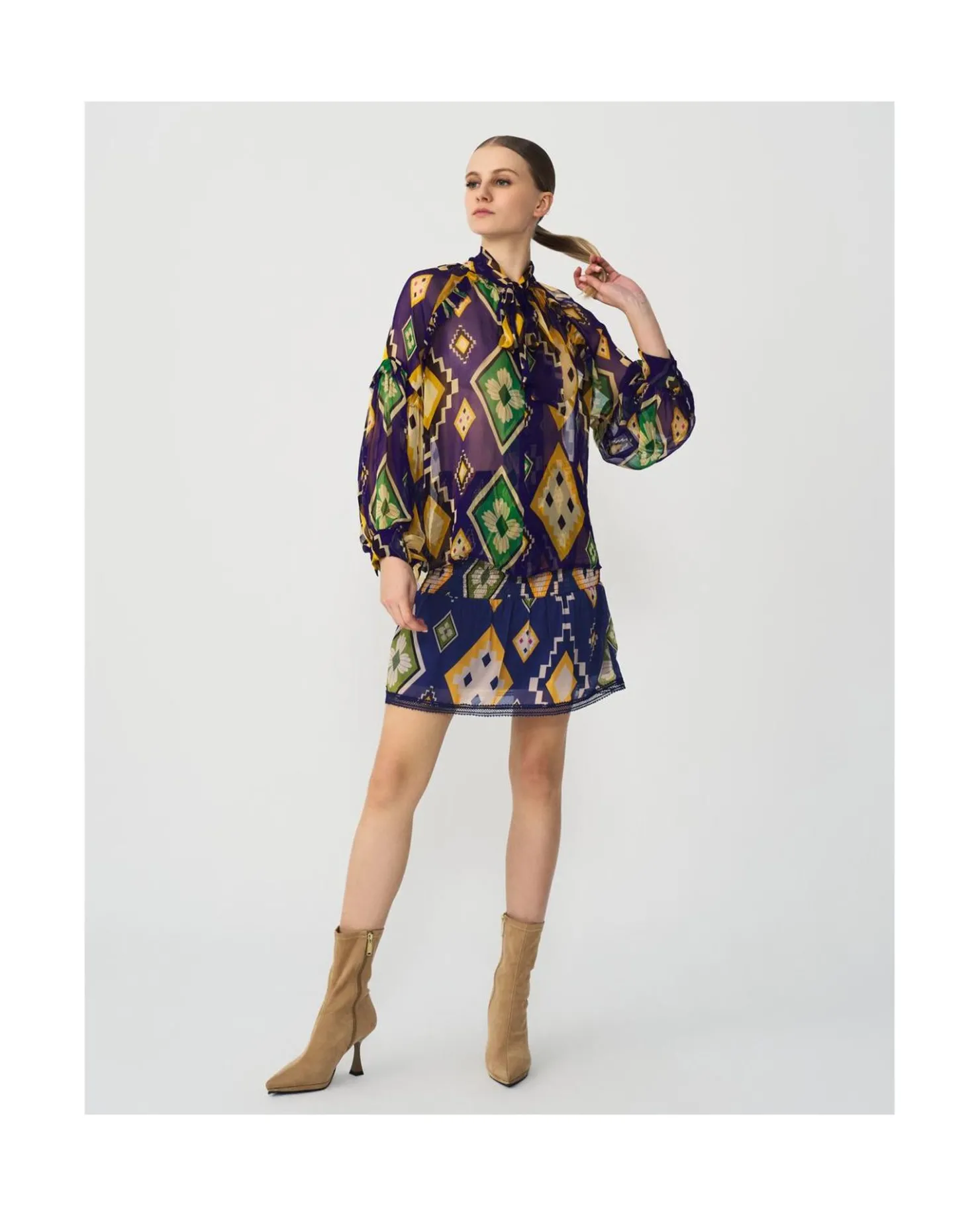 Cuplé Falda Cintura Fruncida Textil Geometrico Azul