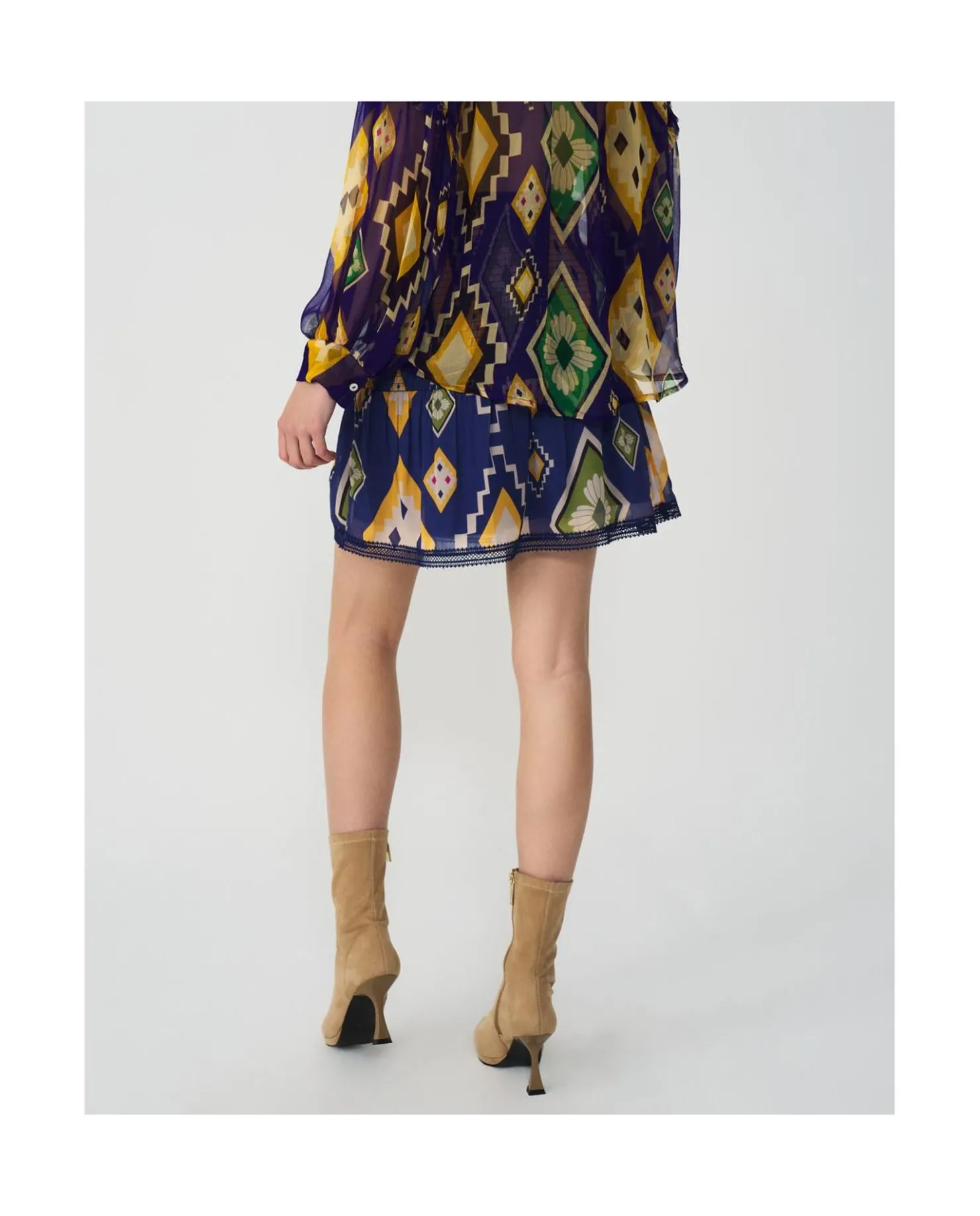 Cuplé Falda Cintura Fruncida Textil Geometrico Azul