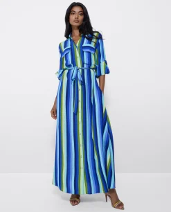 Online Cuplé Maxivestido Camisero Algodon Rayas Azul