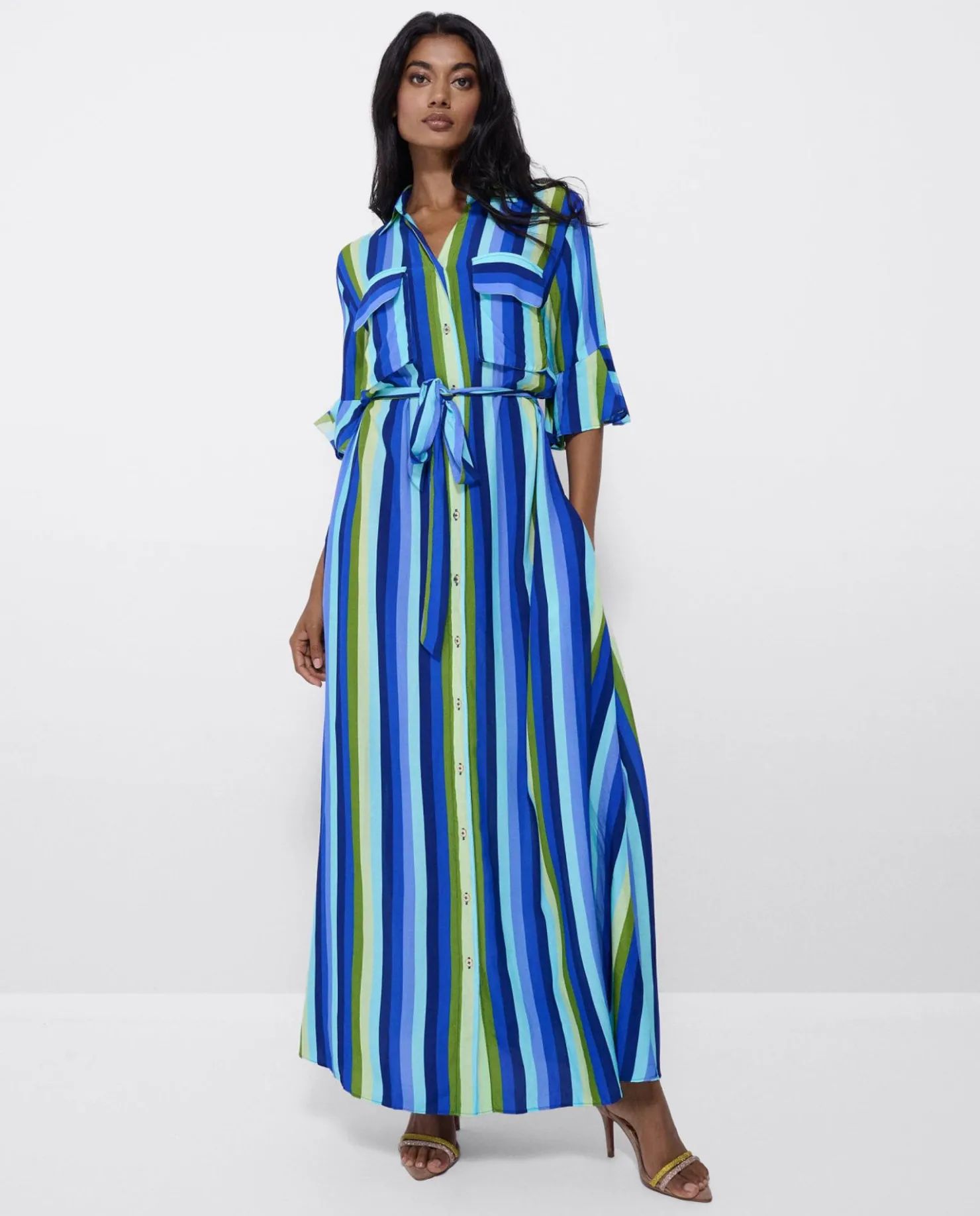 Online Cuplé Maxivestido Camisero Algodon Rayas Azul