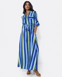 Online Cuplé Maxivestido Camisero Algodon Rayas Azul