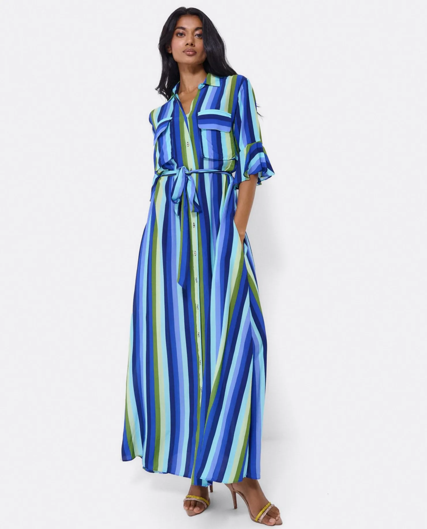 Online Cuplé Maxivestido Camisero Algodon Rayas Azul