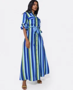 Online Cuplé Maxivestido Camisero Algodon Rayas Azul
