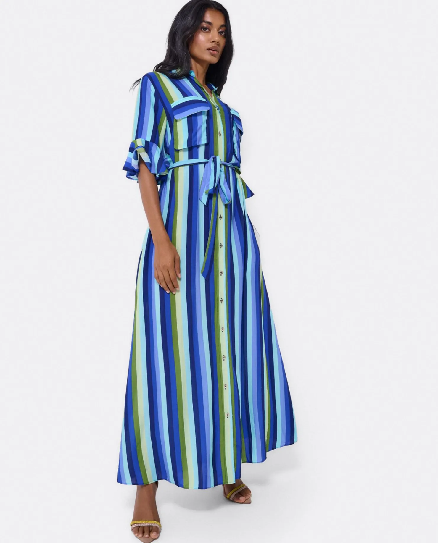 Online Cuplé Maxivestido Camisero Algodon Rayas Azul
