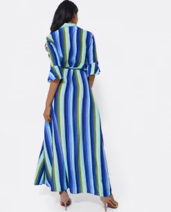 Online Cuplé Maxivestido Camisero Algodon Rayas Azul