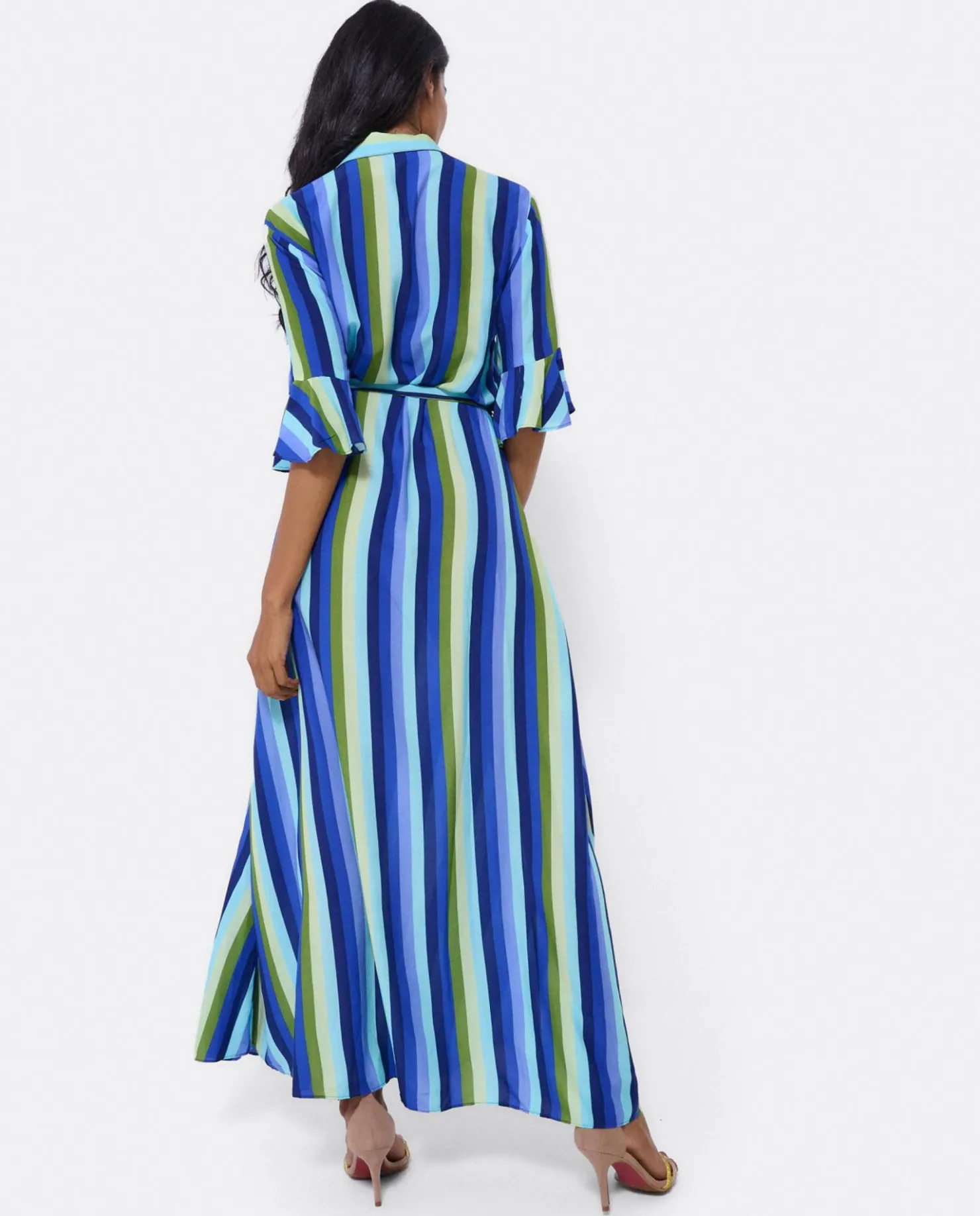 Online Cuplé Maxivestido Camisero Algodon Rayas Azul