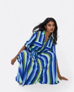 Online Cuplé Maxivestido Camisero Algodon Rayas Azul