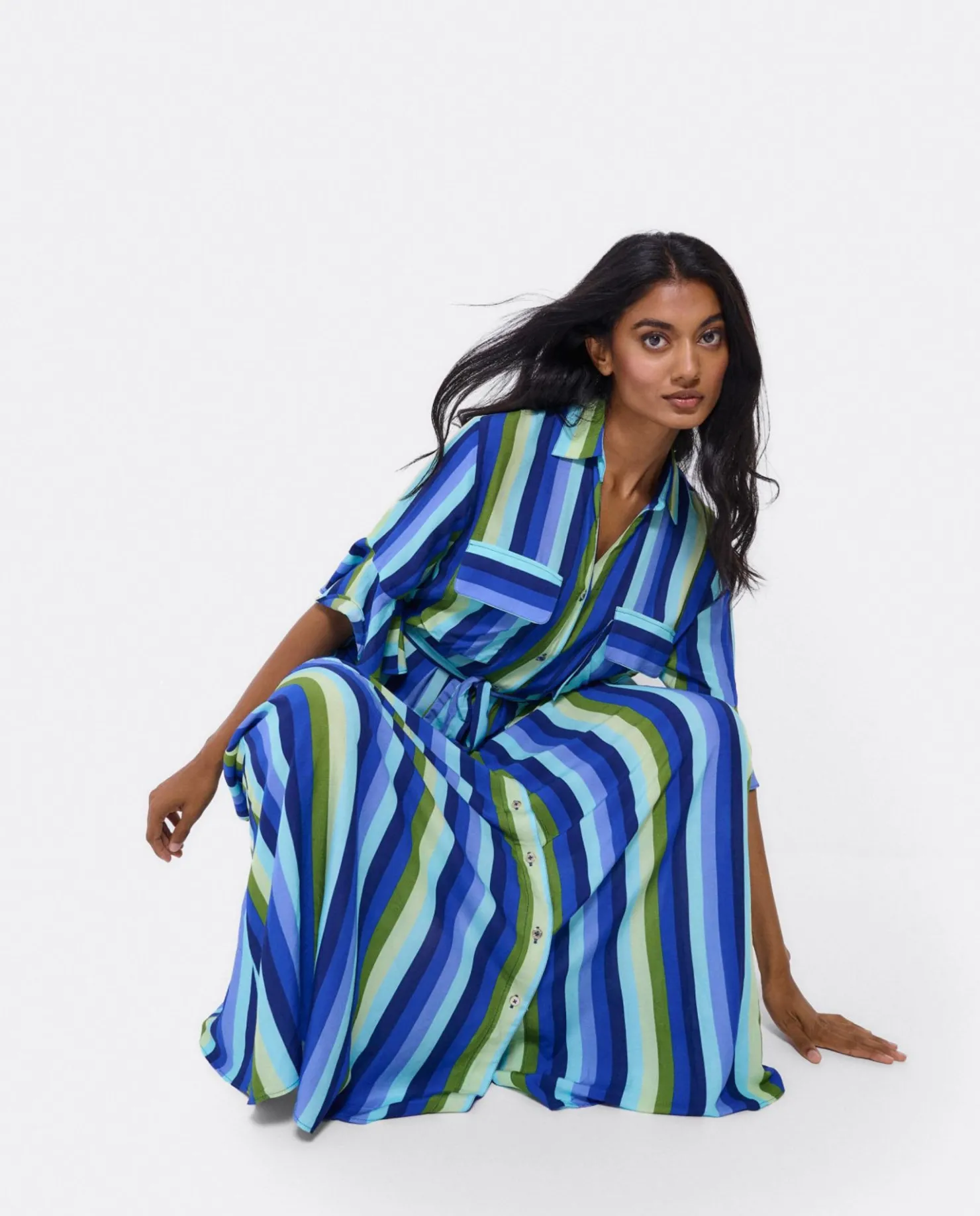 Online Cuplé Maxivestido Camisero Algodon Rayas Azul