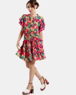 Sale Cuplé Mini Vestido Pompones Saten Estampado Flores
