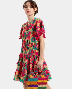 Sale Cuplé Mini Vestido Pompones Saten Estampado Flores