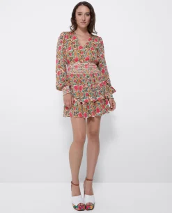 Outlet Cuplé Mini Vestido Volantes Gasa Estampado Flores