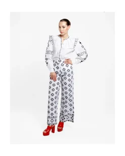 Outlet Cuplé Pantalon Bordado Cenefa Algodon Blanco