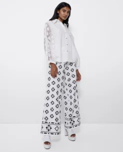 Outlet Cuplé Pantalon Bordado Cenefa Algodon Blanco