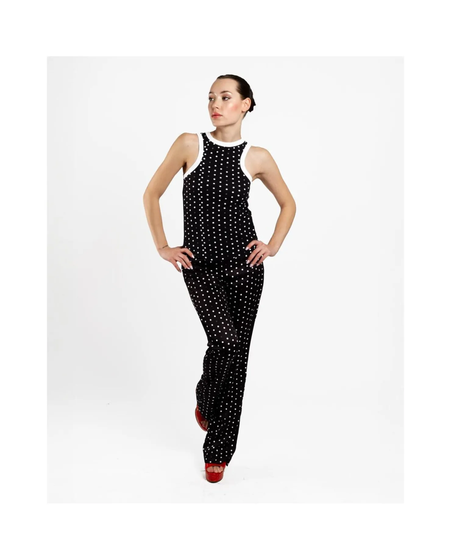 Sale Cuplé Pantalon Recto Saten Lunares Blanco Negro