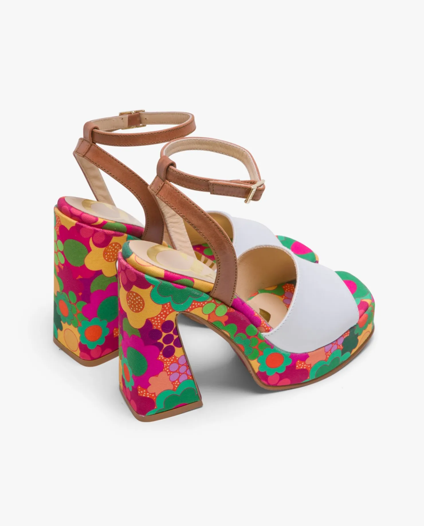 Online Cuplé Sandalia Flataforma Flores Piel Blanco