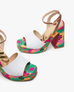 Online Cuplé Sandalia Flataforma Flores Piel Blanco