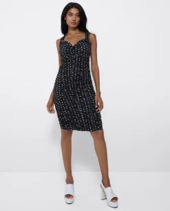 Outlet Cuplé Vestido Ajustado Drapeado Punto Lunares Blanco Neg
