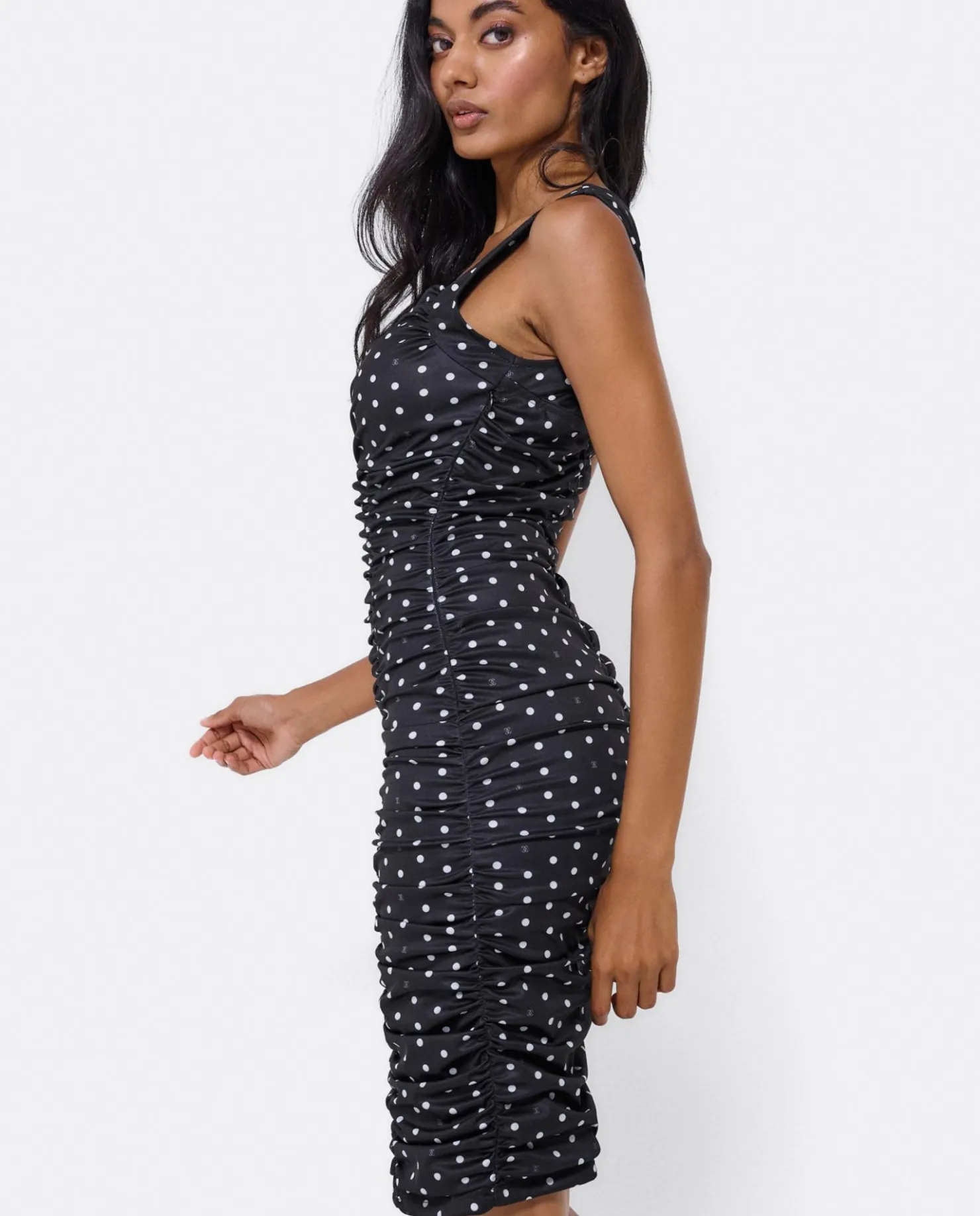 Outlet Cuplé Vestido Ajustado Drapeado Punto Lunares Blanco Neg