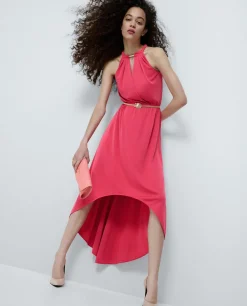 Sale Cuplé Vestido Asimetrico Cola Punto Circular Coral