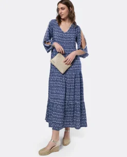 Clearance Cuplé Vestido Boho Viscosa Geometrico Azul
