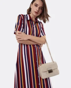 Discount Cuplé Vestido Camisero Largo Viscosa Rayas Rojas