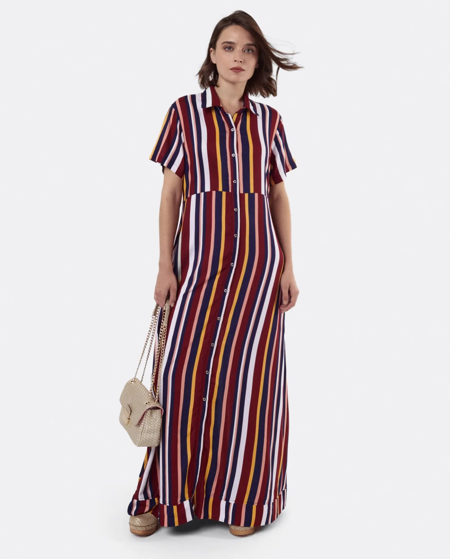 Discount Cuplé Vestido Camisero Largo Viscosa Rayas Rojas