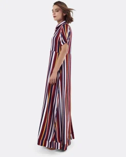 Discount Cuplé Vestido Camisero Largo Viscosa Rayas Rojas