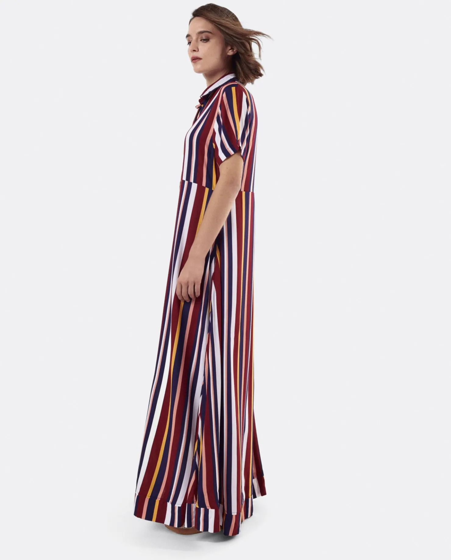 Discount Cuplé Vestido Camisero Largo Viscosa Rayas Rojas