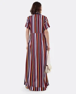Discount Cuplé Vestido Camisero Largo Viscosa Rayas Rojas