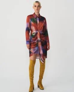 Sale Cuplé Vestido Camisero Nudo Sedin Estampado Acuarela
