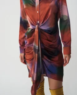 Sale Cuplé Vestido Camisero Nudo Sedin Estampado Acuarela
