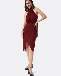Cuplé Vestido Escote Halter Gasa Burdeos