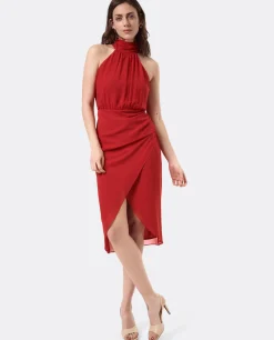 Clearance Cuplé Vestido Escote Halter Gasa Rojo
