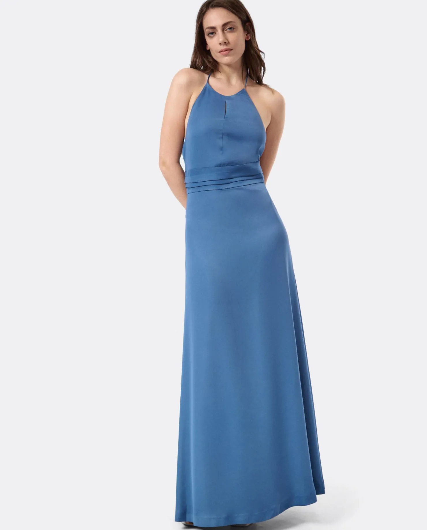 Cuplé Vestido Fiesta Escote Halter Saten Azul Petroleo