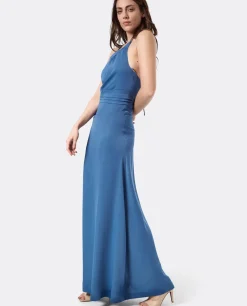 Cuplé Vestido Fiesta Escote Halter Saten Azul Petroleo