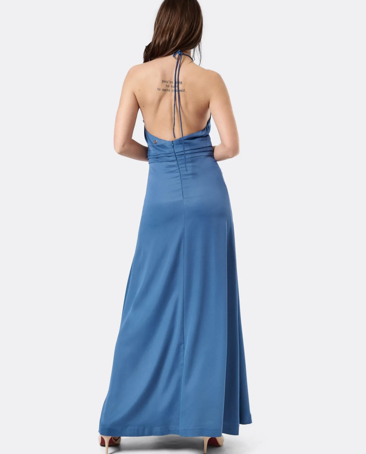 Cuplé Vestido Fiesta Escote Halter Saten Azul Petroleo