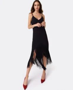 Clearance Cuplé Vestido Flecos Manila Crep Negro